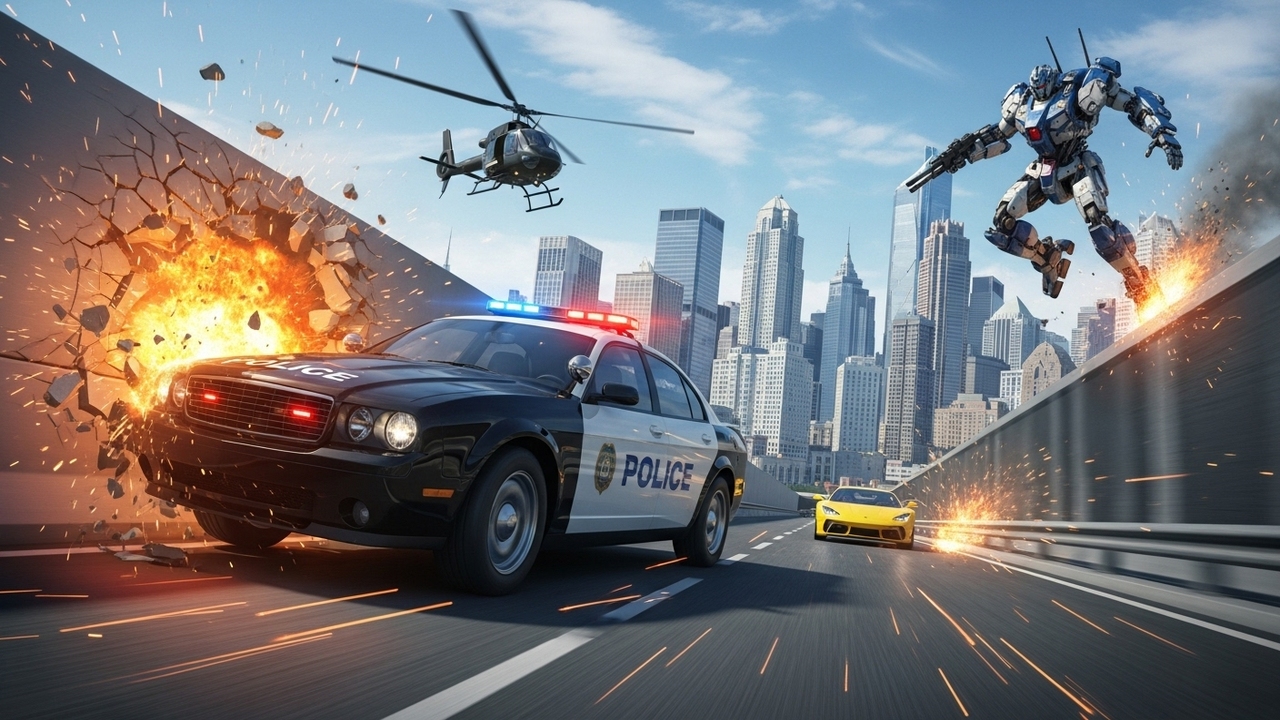 Steel Justice artwork — police car and mech robot in a city chase