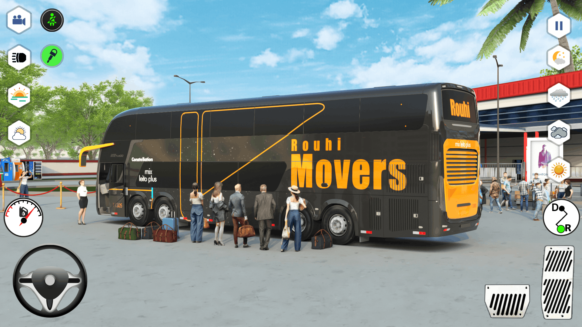 Rouhi Movers gameplay screenshot — coach bus picking up passengers at a station
